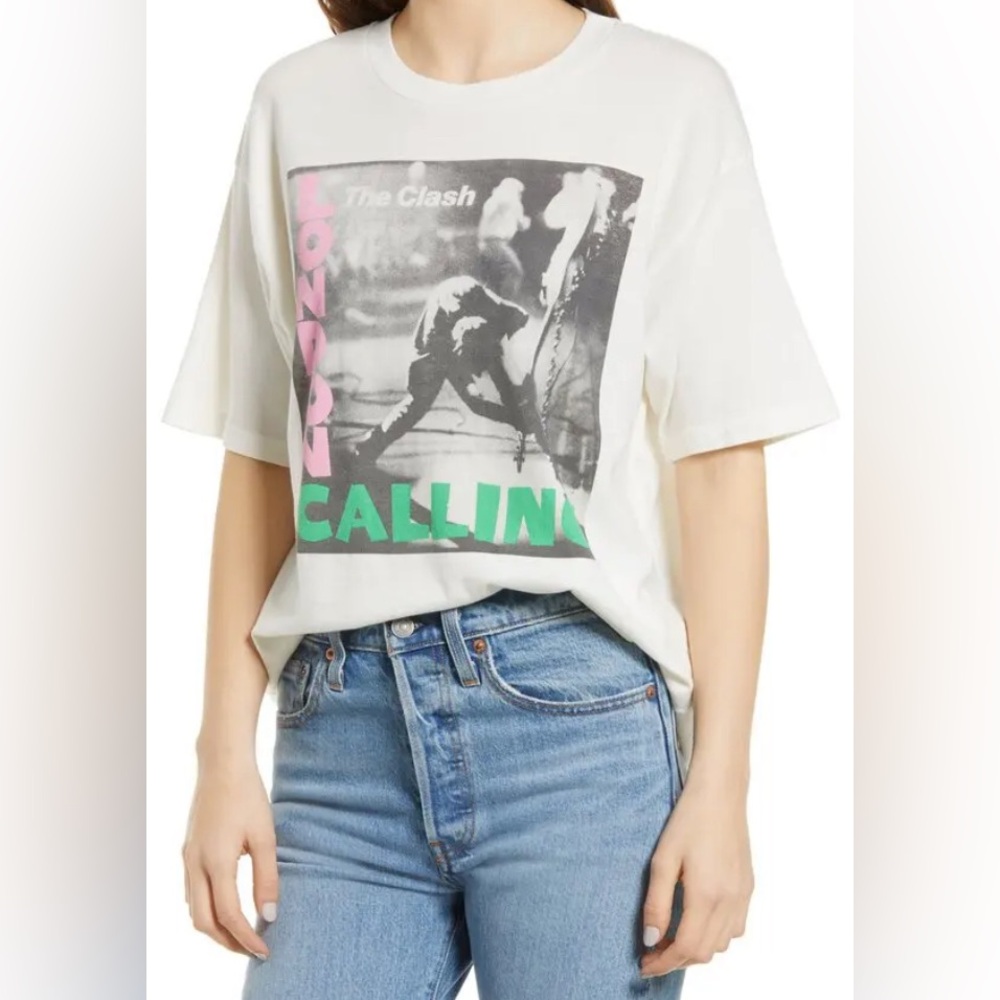 DAYDREAMER THE CLASH White Graphic Tee with Pink and Green Accents